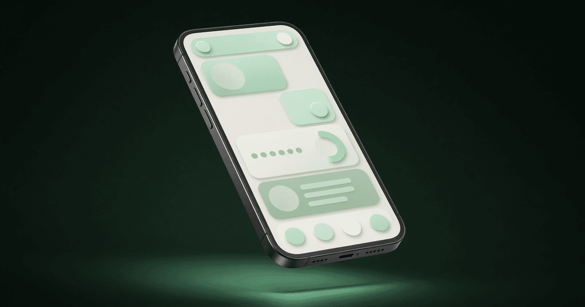 A phone model holding an abstract screen, on a dark forest backdrop with mint light.